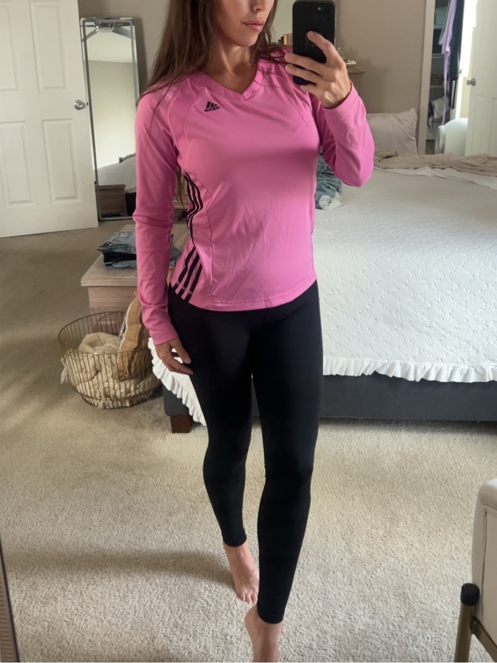 adidas Pink Long-Sleeve V-Neck Athletic Top